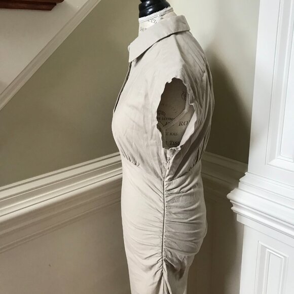 Anthropologie Cap Sleeve Ruched Shirt Dress Womens Small Khaki Tan Stretch Maxi - Picture 10 of 12